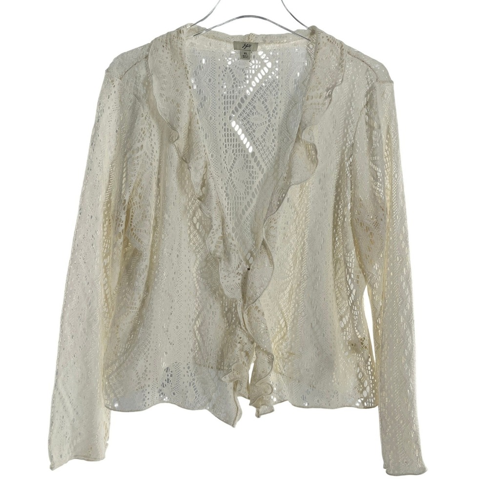 J Jill Lacy Cardigan Ruffled Feminine Pointelle Knit Cream XL Ethereal Delicate